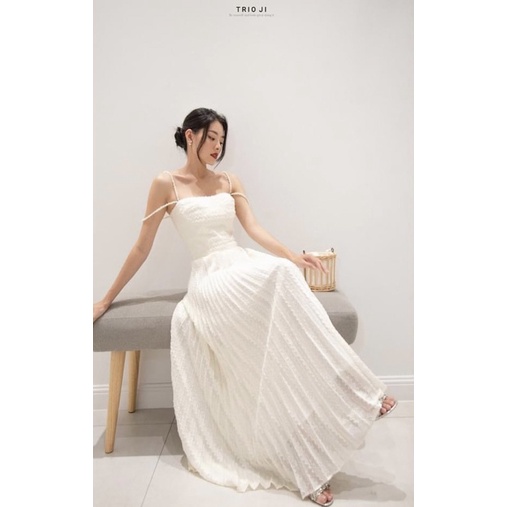 Đầm trắng tiểu thư đầm dự tiệc hai dây cao cấp Trio