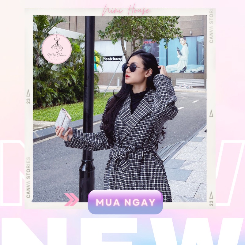 Áo Blazer nữ 2 lớp tay dài Hàn Quốc khoác ngoài đẹp, Áo vest nữ dạ kẻ caro kèm đai cực xinh