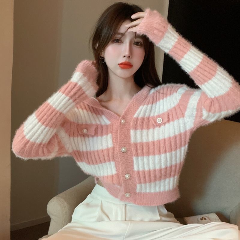 Áo Khoác Cardigan Dệt Kim Tay Dài Có Mũ Trùm Đầu Hoạ Tiết Kẻ Sọc Phong Cách Hàn Quốc Mới