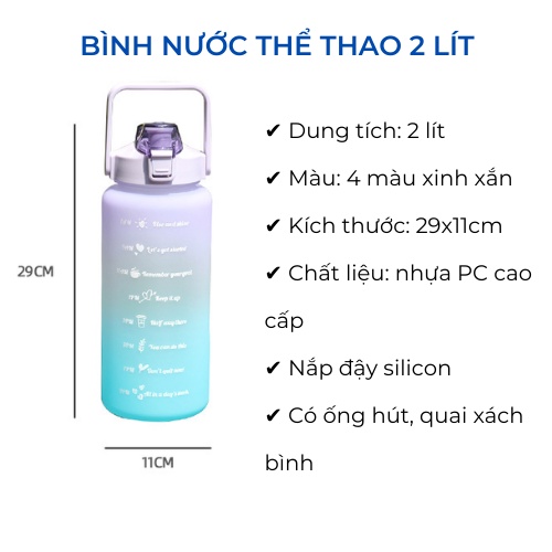 Bình Nước 1L, 2L Dễ Thương Có Vạch Báo Giờ Uống Nước Có Ống Hút -Avita