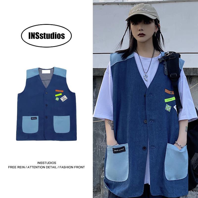 Áo Khoác Ghi Lê Có Túi Màu Sắc Tương Phản Phong Cách retro Cho Nam Nữ