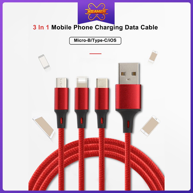 [Ready Stock] XGamer Three In One Data Cable Weaving 1.2M USB Super Fast Charge For Apple IPhone Type C Android