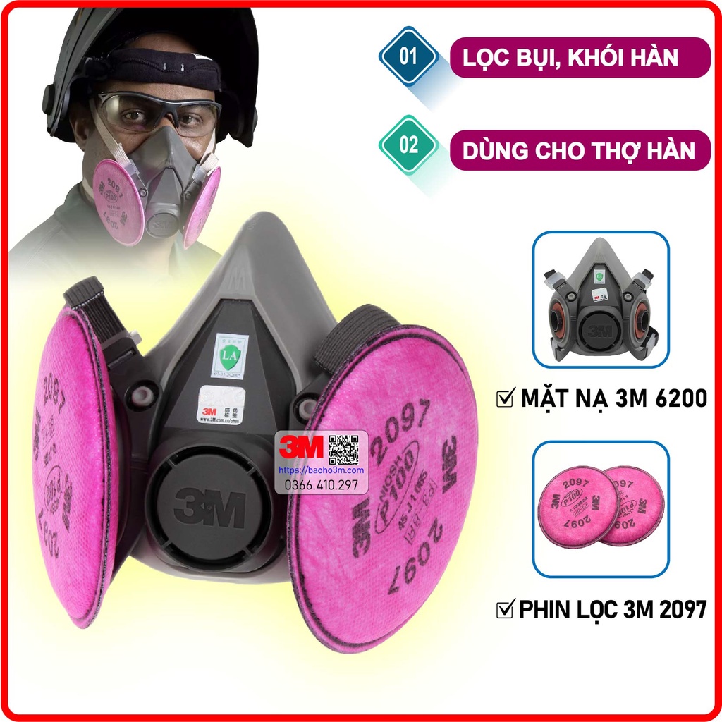 MẶT NẠ PHÒNG ĐỘC Chống Khói Hàn, Bụi Nhà Máy Hầm Mỏ 3M 6200 lắp phin lọc 3m 2097 [62M97]