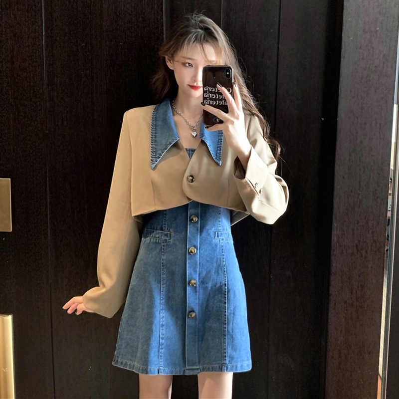 Bộ Áo Khoác Denim + Đầm Yếm Denim Thời Trang Mùa Xuân Mới Dành Cho Nữ 2022