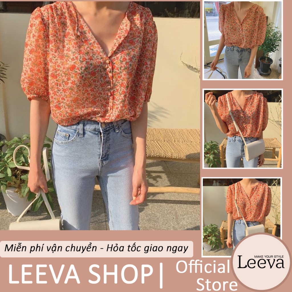 LEEVA - Áo kiểu voan nữ phối hoa nhí tay lửng họa tiết mùa hè A325