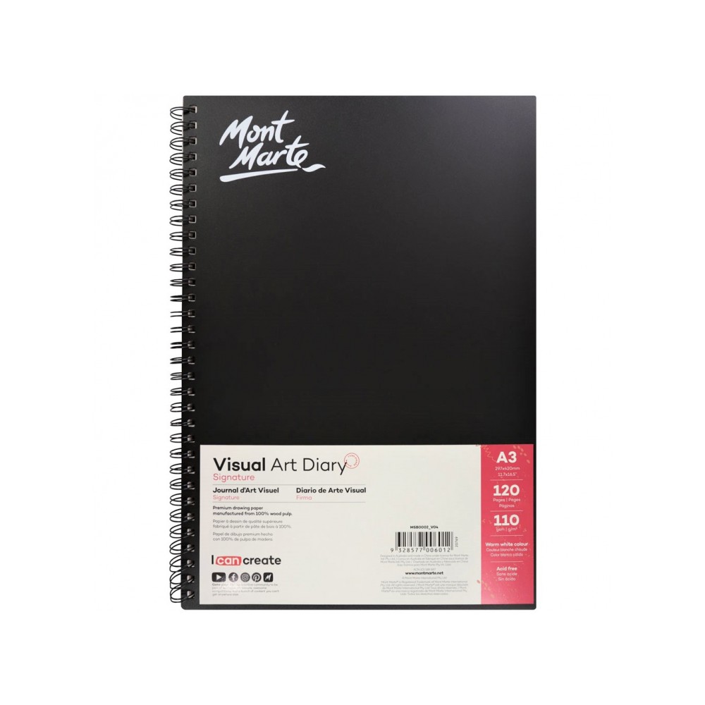 Sổ lò xo bìa nhựa Mont Marte Visual Art Diary - 110gsm - A3/A4/A5/A6 - 120 tờ - Coldpress