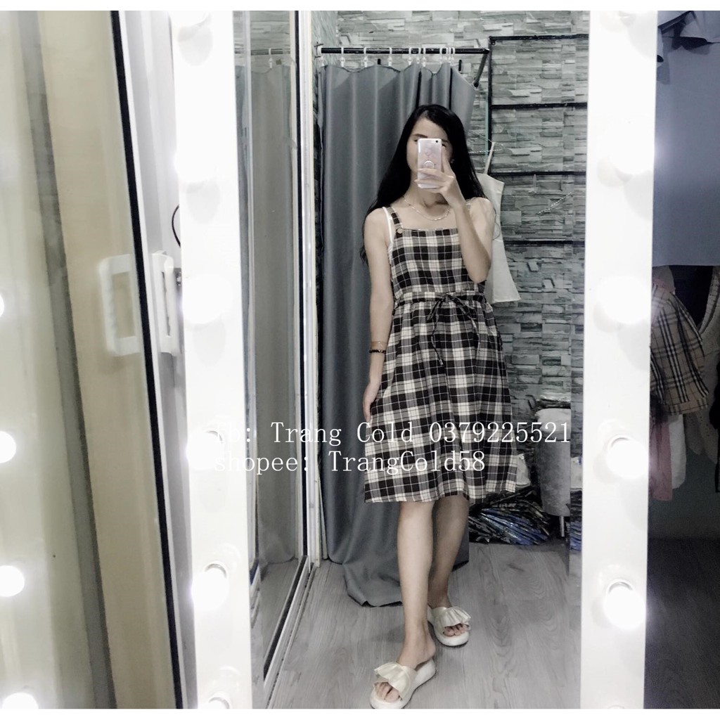 Yếm kẻ ulzzang thắt nơ eo ( ảnh thật shop tự chụp)