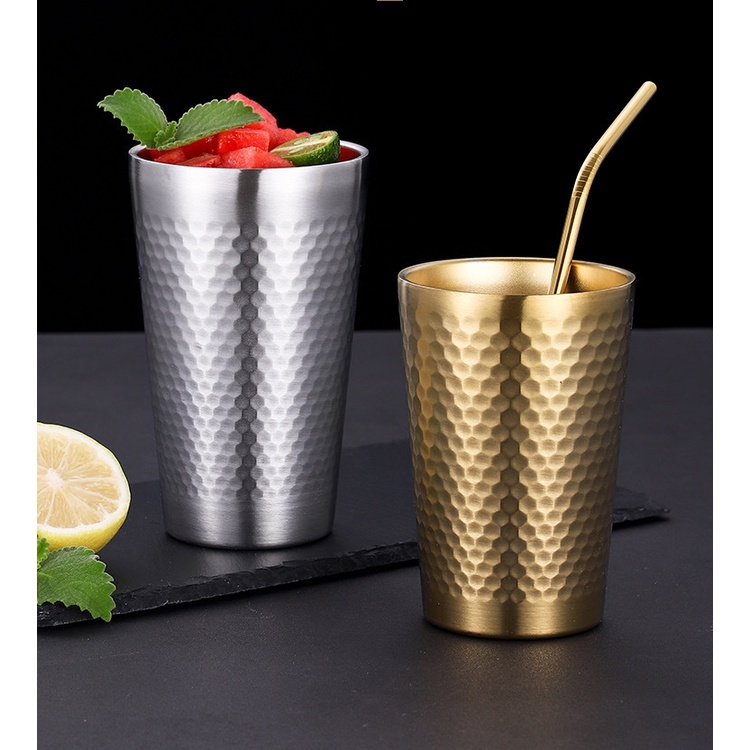 Cốc Uống Bia/Nước Ép Bằng Thép Không Gỉ 304 Họa Tiết Kim Cương Hai Lớp Màu Vàng Đồng Phong Cách Hàn Quốc Dùng Trong Nhà Hàng