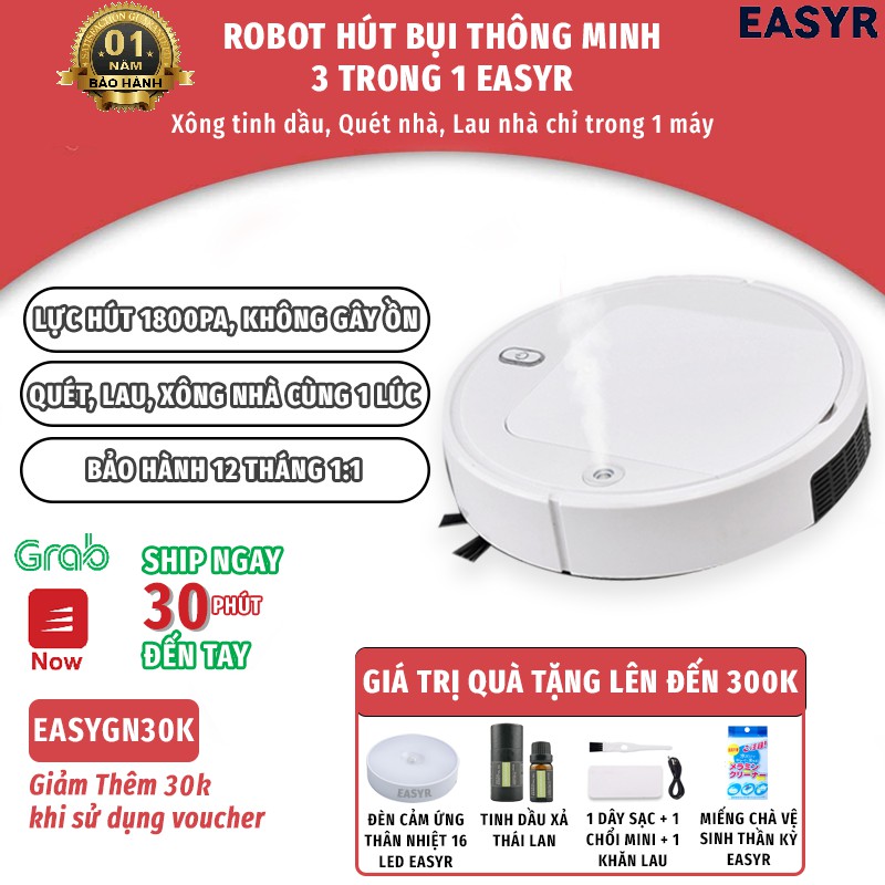 [BH 1:1] ROBOT HÚT BỤI THÔNG MINH 4 TRONG 1 EASYR [FREESHIP] QUÉT, HÚT, LAU, XÔNG NHÀ CÙNG TRONG 1 MÁY, HÚT MẠNH 1800PA