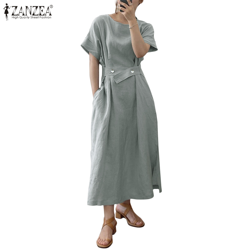 Đầm Maxi ZANZEA Dáng Rộng Tay Ngắn Cổ Tròn Phối Túi Bên Cho Nữ