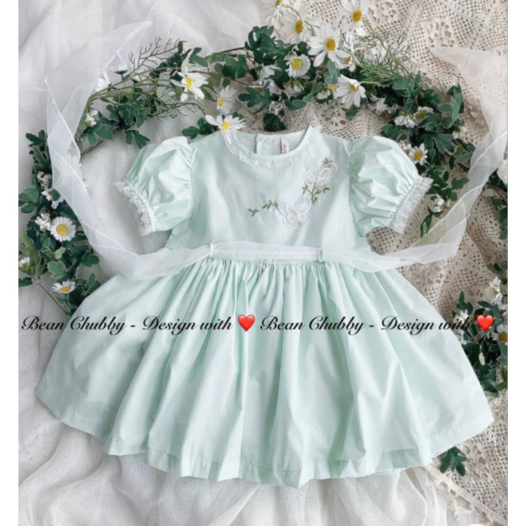 Đầm thô Hàn Quốc baby doll xanh mint pastel phối ren 1-10y