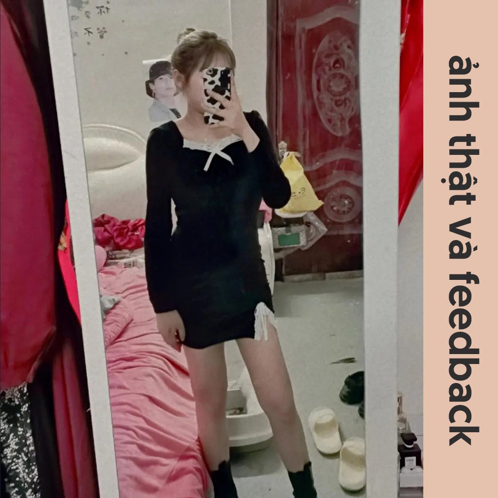 Váy Nhung Đen Huyền Bí Ôm Body Xẻ Tà/ Đầm Cổ Vuông Dài Tay Dáng Ngắn Cổ Điển Sexy V00082 | BigBuy360 - bigbuy360.vn