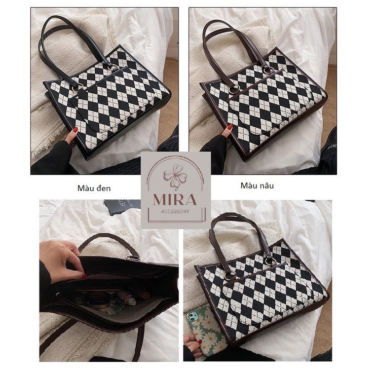 Túi tote đeo vai khổ to A4 (34 x 28 cm) ô trám đen trắng viền đen hoặc nâu