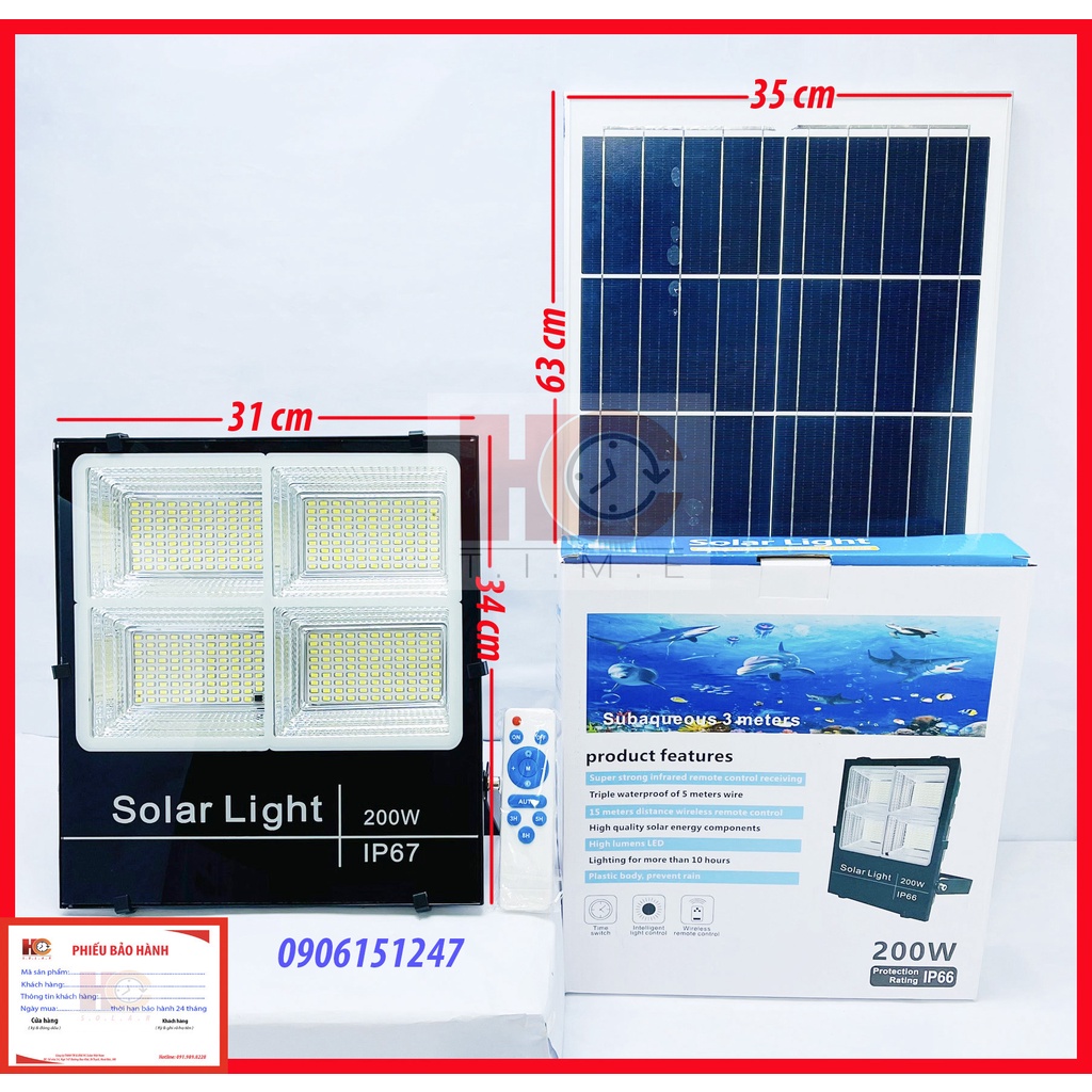 Đèn pha năng lượng mặt trời HC SOLAR LINGHT 200W – 4 khoang, Đèn Led NLMT, Vỏ nhôm, Tấm pin NLMT rời, Ánh sáng trắng