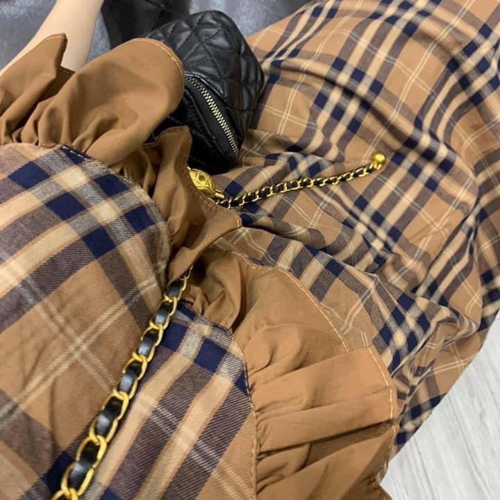 Váy Bầu Hè Kẻ Caro Màu Nâu Cổ Bèo Dáng Suông HD2830 Honey Mommy Đầm Bầu Công Sở Ngắn Tay