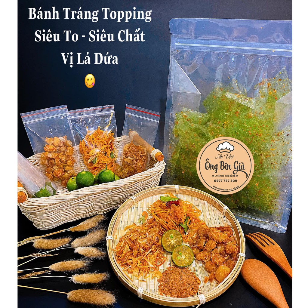 Bánh Tráng Topping Siêu To Siêu Chất Vị Lá Dứa (khô gà - tốp mỡ - nước sốt tắc mè - đậu phộng cháy tỏi - ruốc khô)