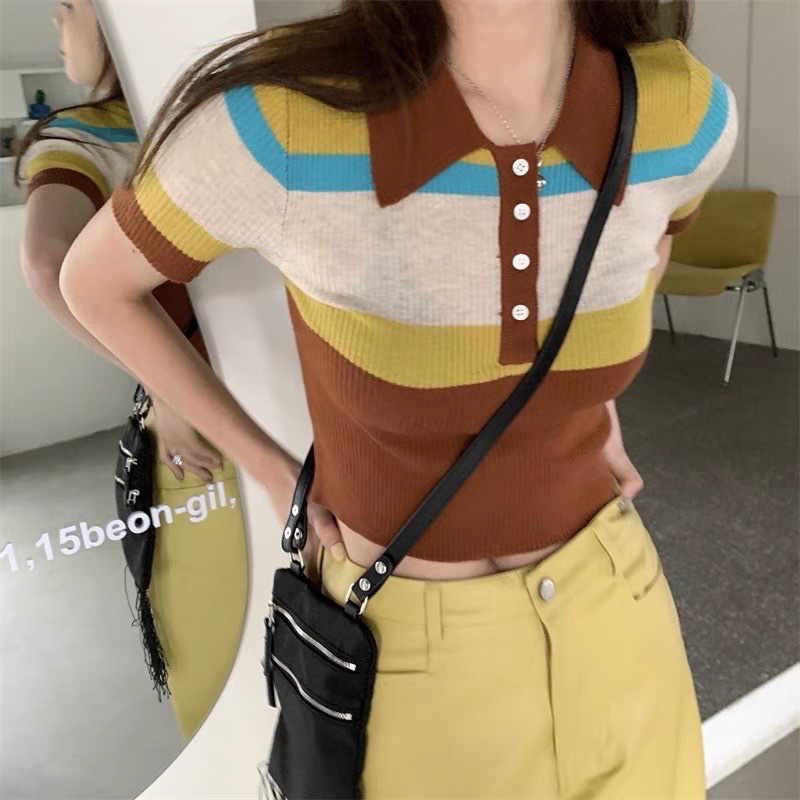 áo len dệt kim croptop cổ polo mix hàng khuy - sọc kẻ ngang phối màu hot trend