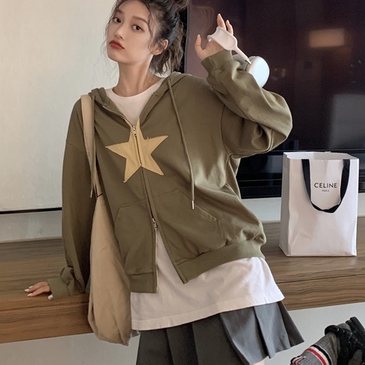 ZHELIHANGFEI Áo Hoodie Dài Tay Dáng Rộng Phối Khóa Kéo Phong Cách Retro Mỹ