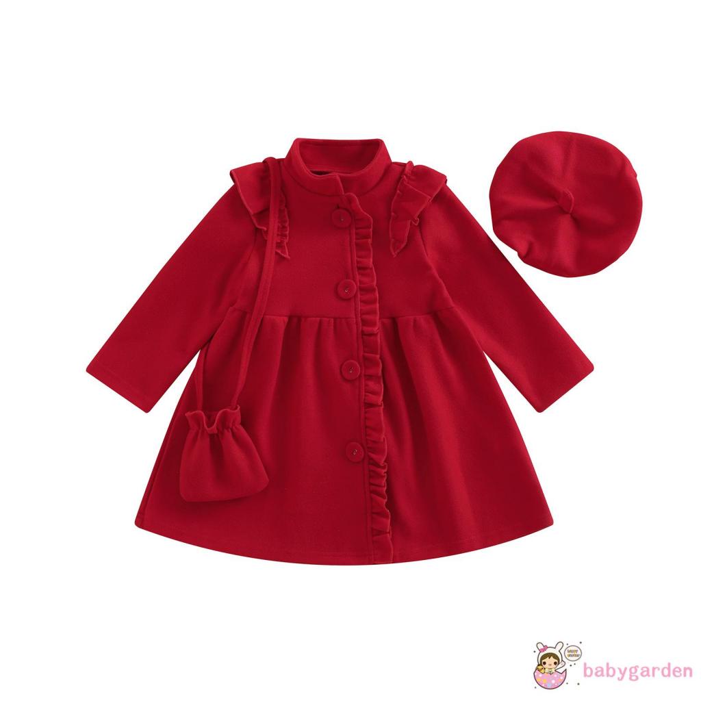 Set Đầm Cổ Tròn Tay Dài Phối Bèo + Nón Cho Bé Gái 3-7 Tuổi