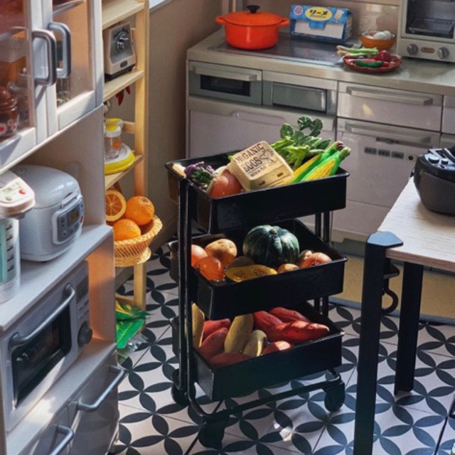 Mô hình kệ xe đẩy ikea trolley mini 3 tầng bằng kim loại cho nhà búp bê