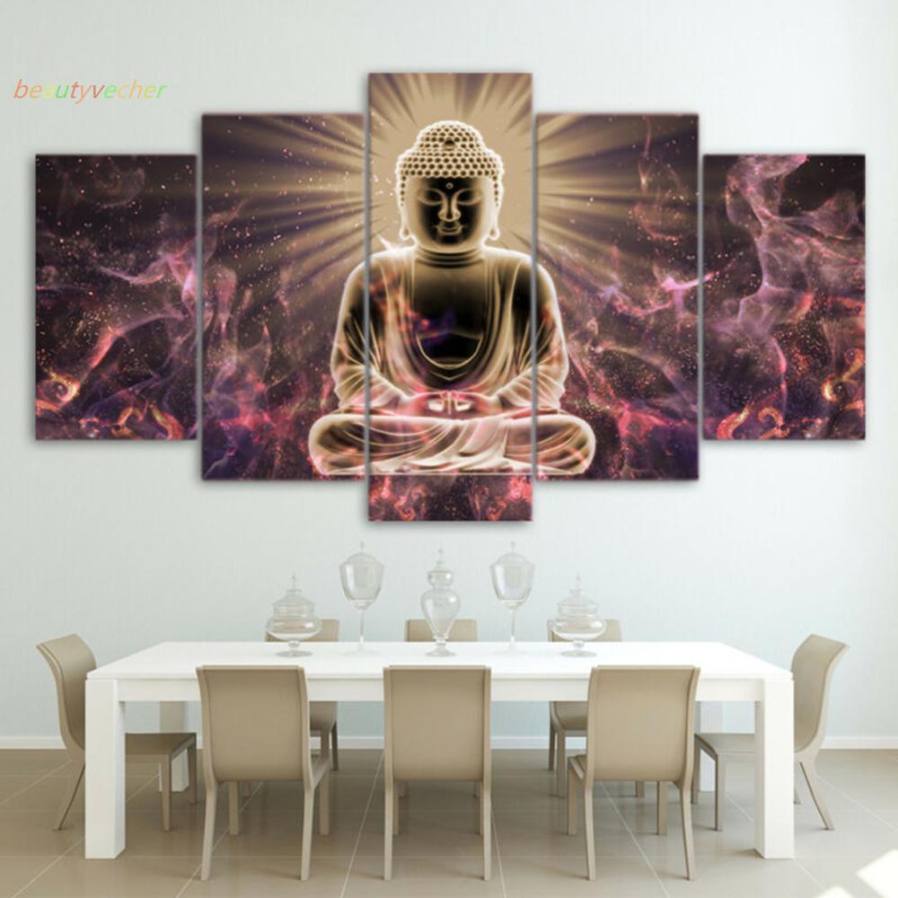 Canvas Print Study Friends Buddha Light Oil Painting Art Wall Home Bedroom Living room Gift 5 Pcs Flowers Modern