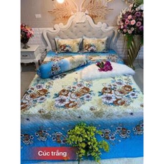 Trọn Bộ Chăn Ga Vỏ Gối 5 Món Mẫu Hoa Xanh, Hoa Vàng