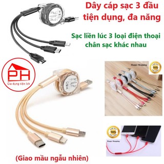 Cáp sạc 3 đầu dây rút tiện lợi 3 in 1 - micro - type c - lightning