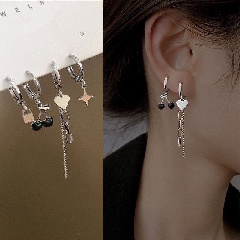 Set 4/ 6 khuyên tai PAPAOZHU bạc S925 thiết kế quả anh đào đính đá thời trang cho nữ