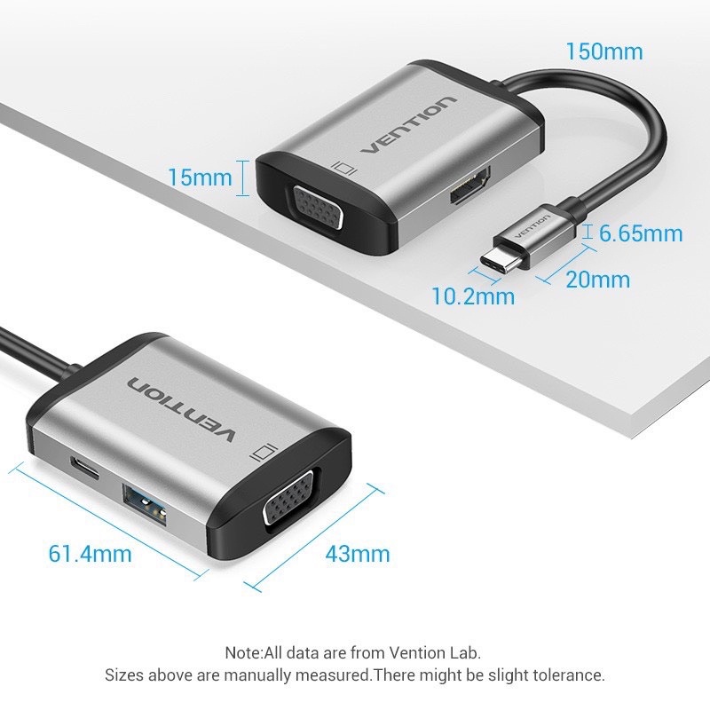 “Chính Hãng” Đầu Hub Vention chuyển cổng USB C sang HDMI VGA USB C 4K 1080P tương thích MacBook Pro iPad Pro 2018 Dell