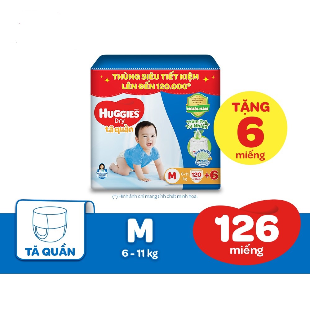 Tã quần Huggies Dry Tràm Trà Tự Nhiên MEGA JUMBO M120+6 / L108+6 / XL96 / XXL84 miếng