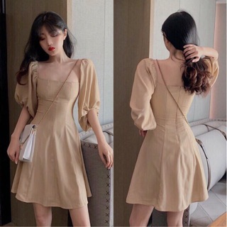 ĐẦM NUDE XÒE CỔ VUÔNG TAY BỒNG