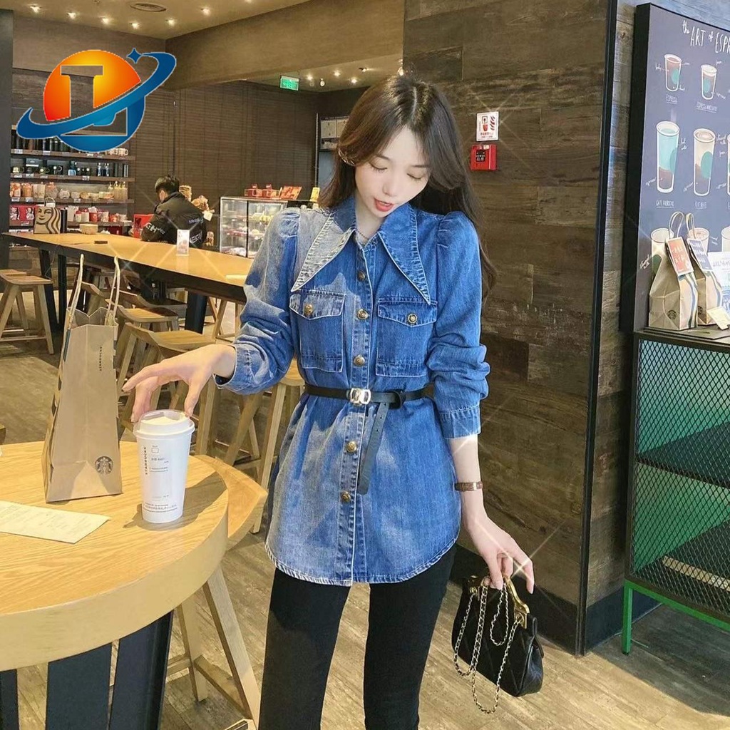 Áo sơ mi denim tay phồng phong cách phương tây thời trang mùa xuân cho nữ