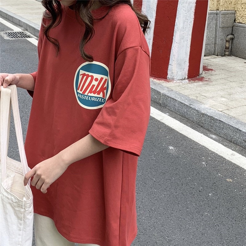 Áo thun tay lỡ, áo phông nữ unisex form rộng chất cotton in hình milk