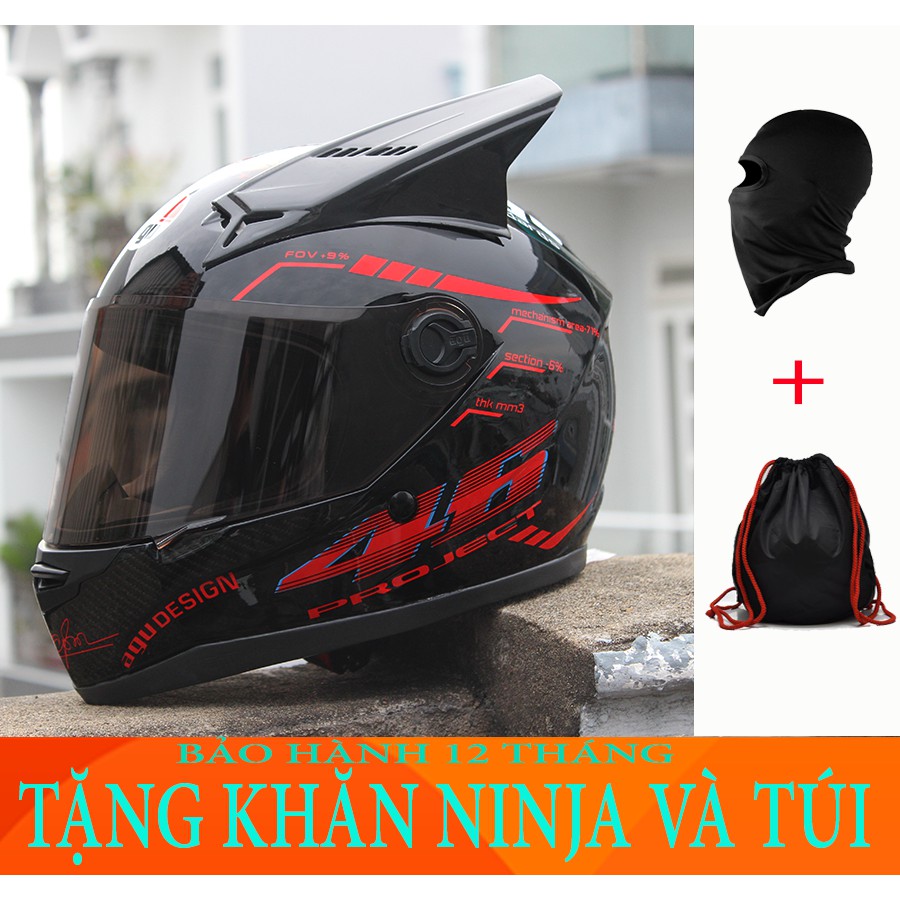 Mũ bảo hiểm AGU tem Đỏ Đen gắn sừng rùa đen TẶNG khăn ninja + túi + thùng