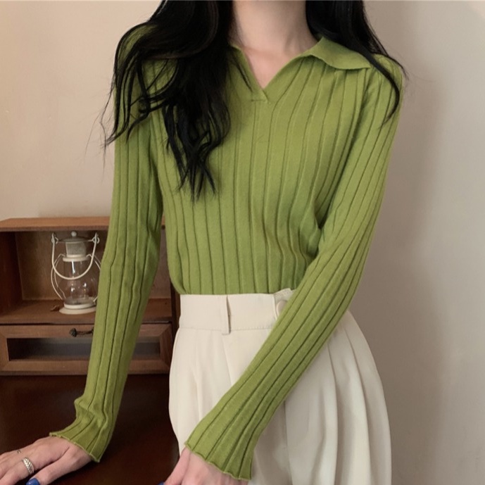 Áo Len Tay Dài Cổ Chữ V Màu Trơn Dáng Ôm Thời Trang Mùa Thu Hàng Mới Dành Cho Bạn Nữ