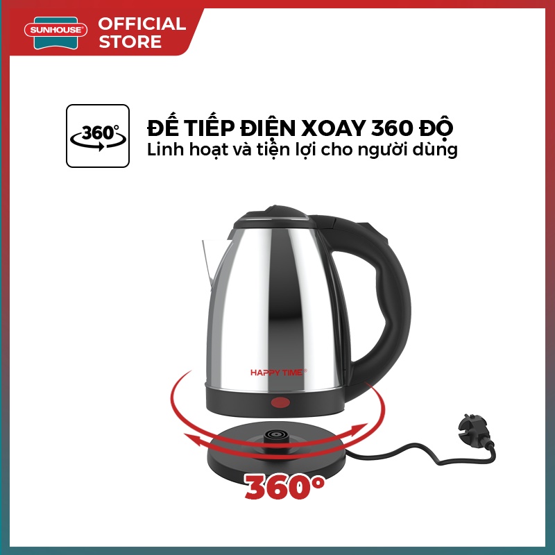 Ấm đun siêu tốc 1.5L Happy Time HTD1055 - Tư ngắt an toàn khi nước sôi & trào - Inox cao cấp - Tay cầm nhựa siêu bền