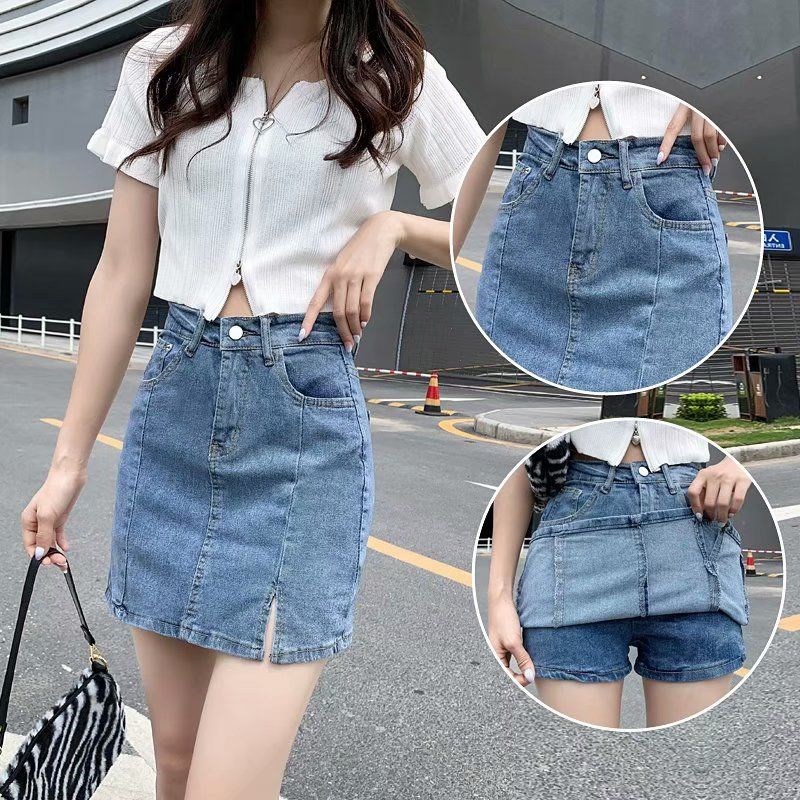 Chân váy jean SUXI dáng chữ A lưng cao xẻ tà thời trang mùa hè cho nữ