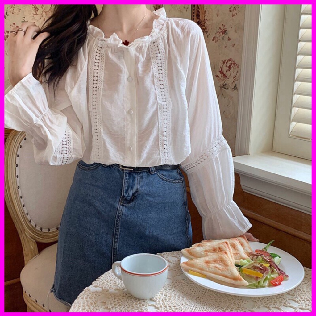 Áo babydoll cổ bèo phối ren 2 bên Ulzzang (hàng QC) - Kèm ảnh thật A388