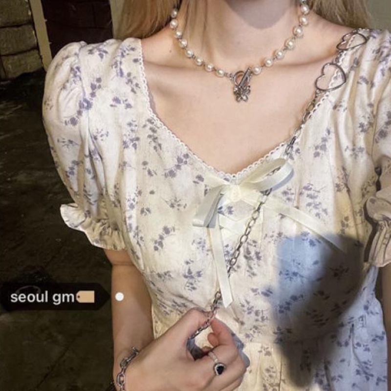 Đầm chiffon MURIOKI dáng chữ A cổ vuông tay phồng in họa tiết hoa phong cách Hàn Quốc thời trang cho nữ