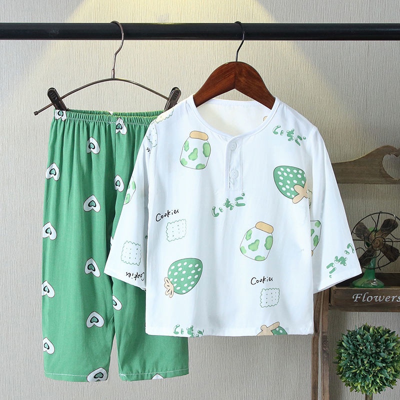 Bộ Đồ Ngủ Tay Dài Chất Liệu cotton Lụa Mỏng Nhẹ Thời Trang Mùa Hè Xinh Xắn Cho Bé