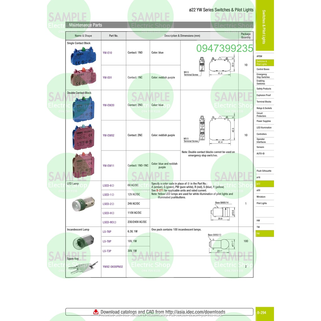 Tiếp điểm đơn Thưởng Mở /Thường Đóng IDEC - Tiếp Điểm 1NO/1NC IDEC - YW-EW01