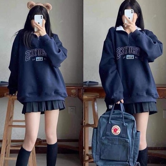 Áo sweater nỉ bông thêu chữ cổ phối màu form rộng tay dài vanmiushop