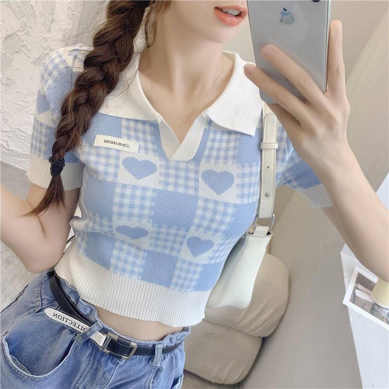 Áo Thun polo Ngắn Tay Dệt Kim Mỏng Ôm Dáng Họa Tiết Sọc Ca Rô Thời Trang Mùa Hè Cho Nữ