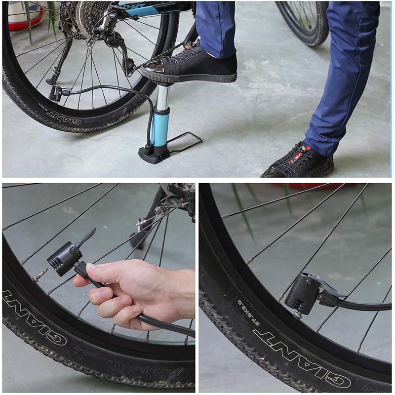 Bơm hợp kim nhôm loại đạp chân dùng cho xe đạp, xe máy, ô tô, có đồng hồ báo áp suất HT Sports