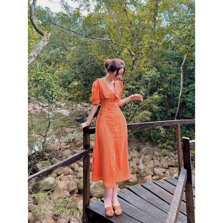Đầm thời trang nữ mặc đi chơi chất đủi cổ bèo lá có đính nút tay lỡ dáng váy dài hàng cao cấp