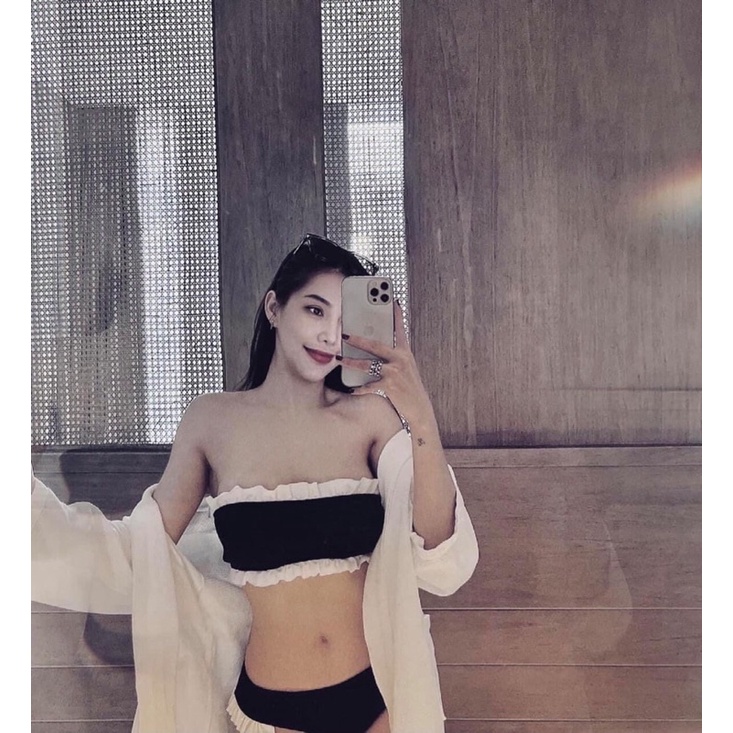 Bikini nữ 2 mảnh áo ống quần chip màu đen viền bèo trắng baby | BigBuy360 - bigbuy360.vn