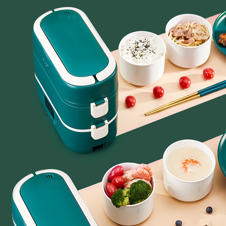 Hộp cơm cắm điện 3 tầng kèm 4 bát sứ có hẹn giờ  - hộp cơm giữ nhiệt văn phòng