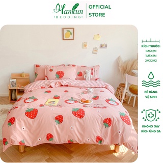Bộ 4 món chăn ga gối Hankun cotton poly nhập khẩu Hàn quốc họa tiết dâu tây hồng