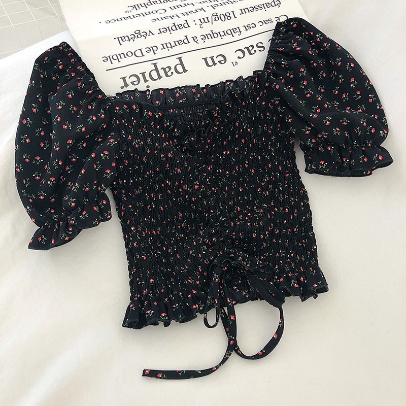 Áo kiểu chiffon nữ cổ vuông in hoa xinh xắn
