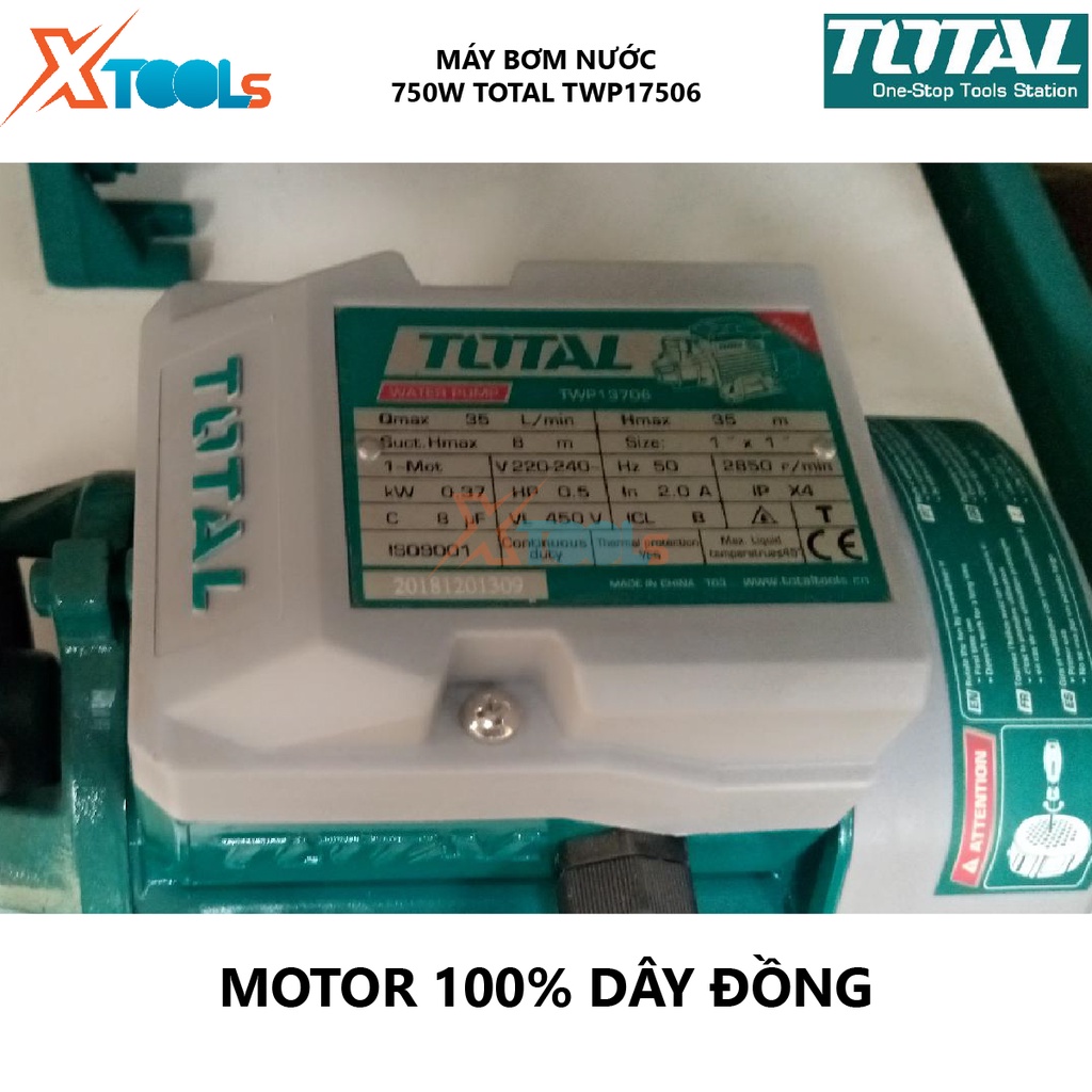 Máy bơm nước TOTAL TWP17506 Máy bơm nước dùng điện Công suất 750W (1HP) Chiều cao bơm 52m Độ hút sâu 8m bơm nước lên bồn